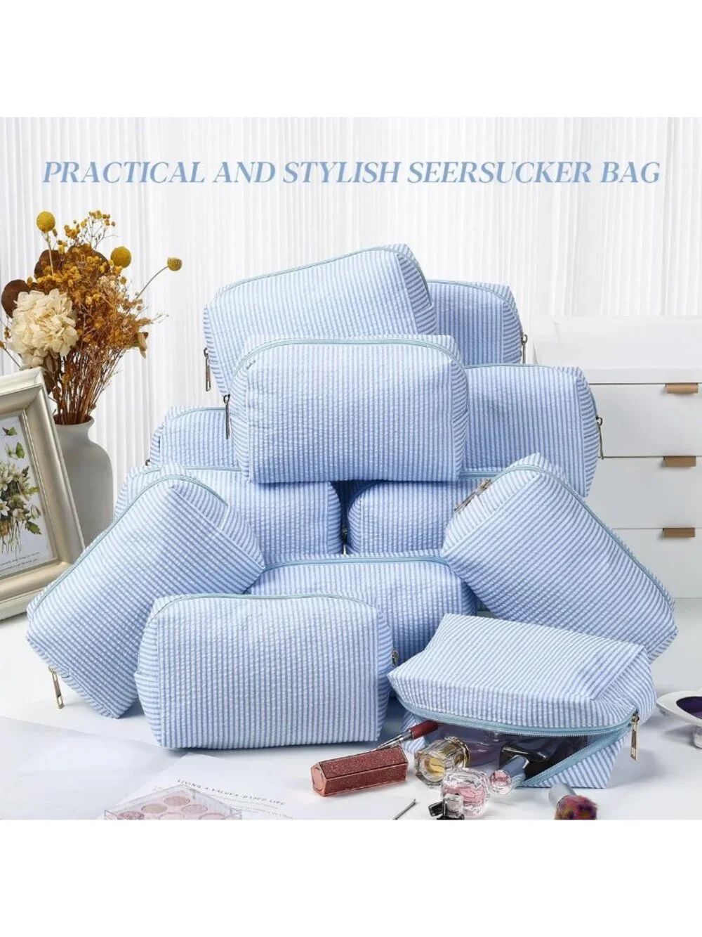12 Pcs Light Blue Striped Seersucker Cosmetic Bags Set - Zippered Travel